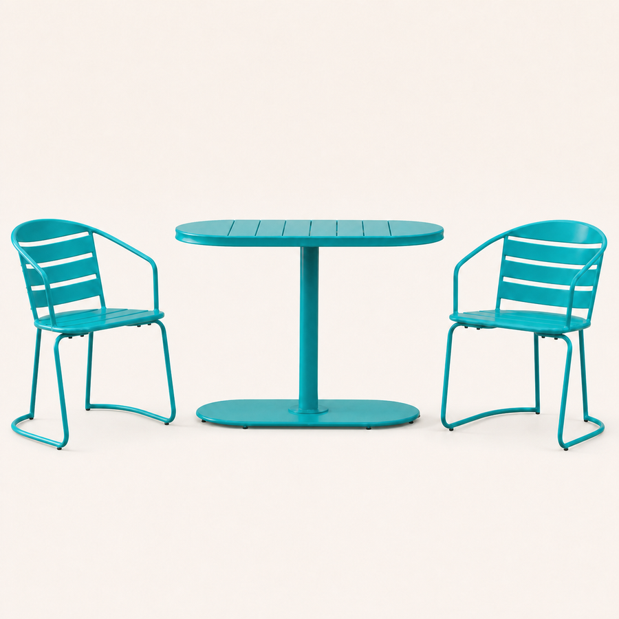 Front | straight-on studio view of the teal oval table and two matching folding armchairs