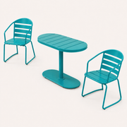 Studio | three-quarter studio view of the teal oval table and two matching folding armchairs