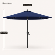 Dimensions | dimension diagram of navy market umbrella showing 86.3 in wide and 94 in high