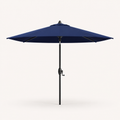Front | front studio view of navy octagonal market umbrella with black pole, crown vent, and crank