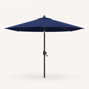 Front | front studio view of navy octagonal market umbrella with black pole, crown vent, and crank