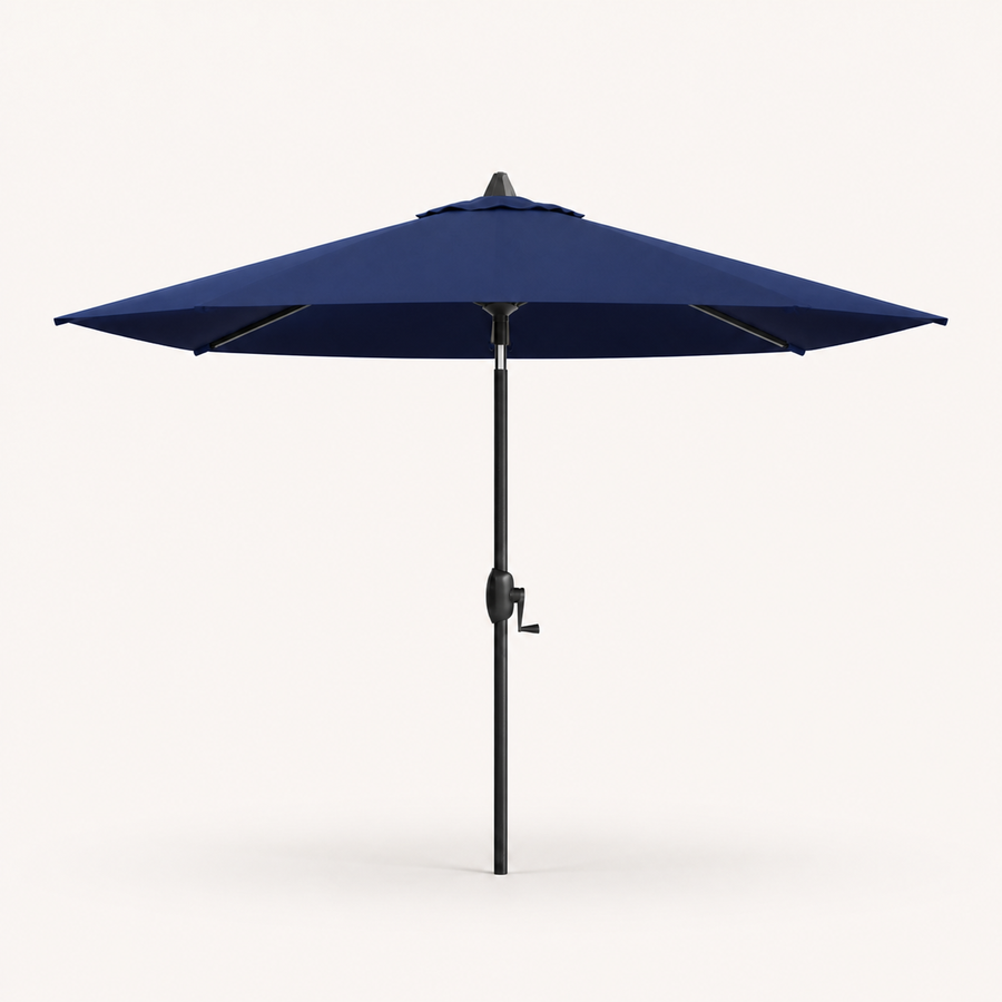 Front | front studio view of navy octagonal market umbrella with black pole, crown vent, and crank