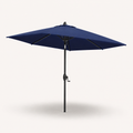 Studio | three-quarter studio view of navy octagonal umbrella with underside ribs and black crank