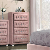 Youth Chest, 4 Drawers, Pink Upholstered Fabric, White Bun Legs