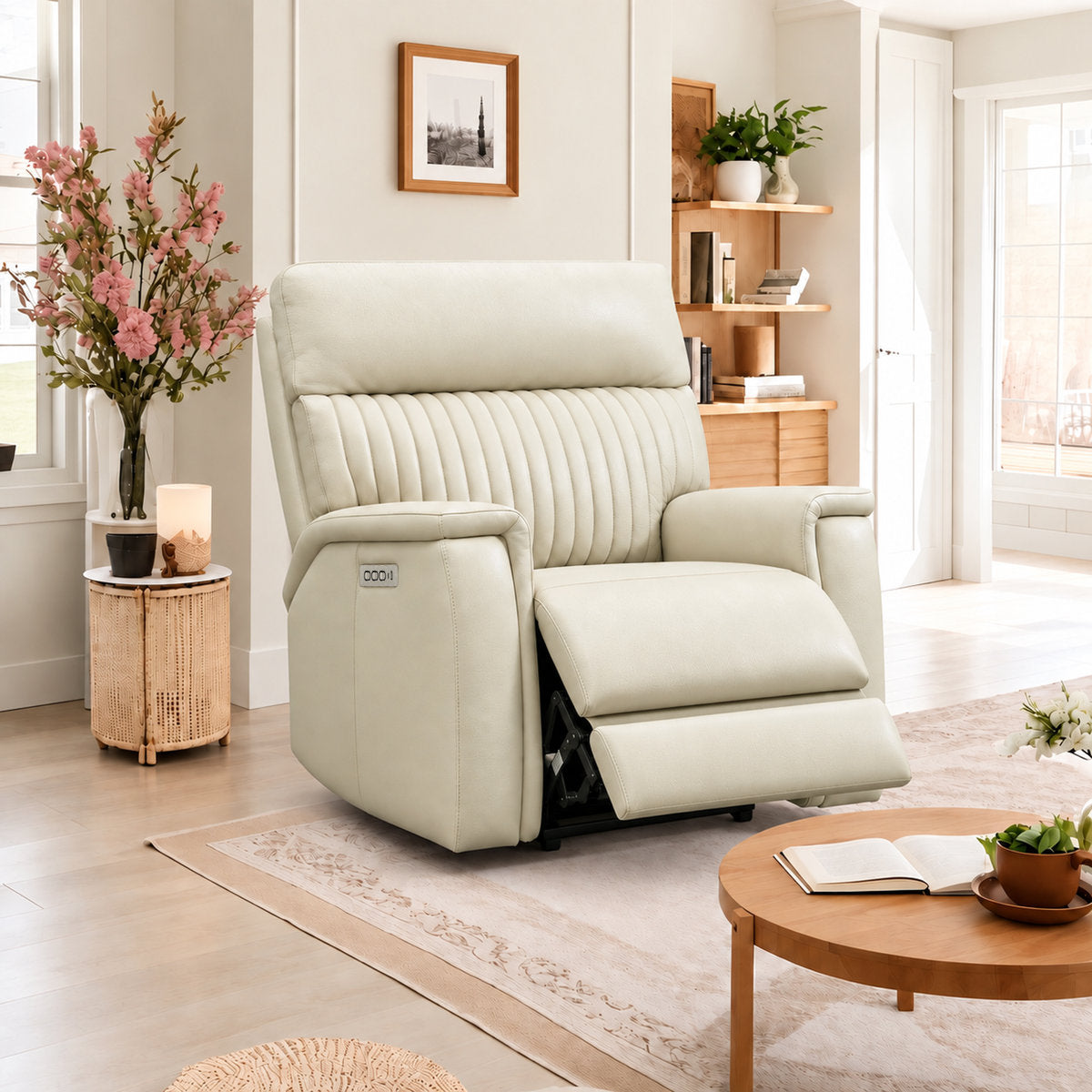 Zero Gravity Power Recliner, Cream Genuine Leather, Metal Frame
