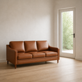 Scale | Chestnut three-seat sofa in a sunroom with a full-height doorway visible for scale