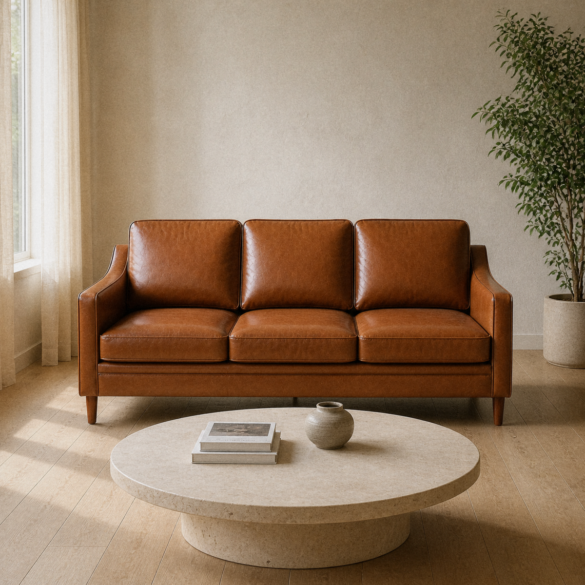 Living room | Chestnut faux-leather three-seat sofa facing forward beside a round stone coffee table in a limewashed room