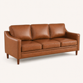 Three-quarter | Chestnut sofa from the front left, showing the square arm, three seat cushions, and tapered wood legs