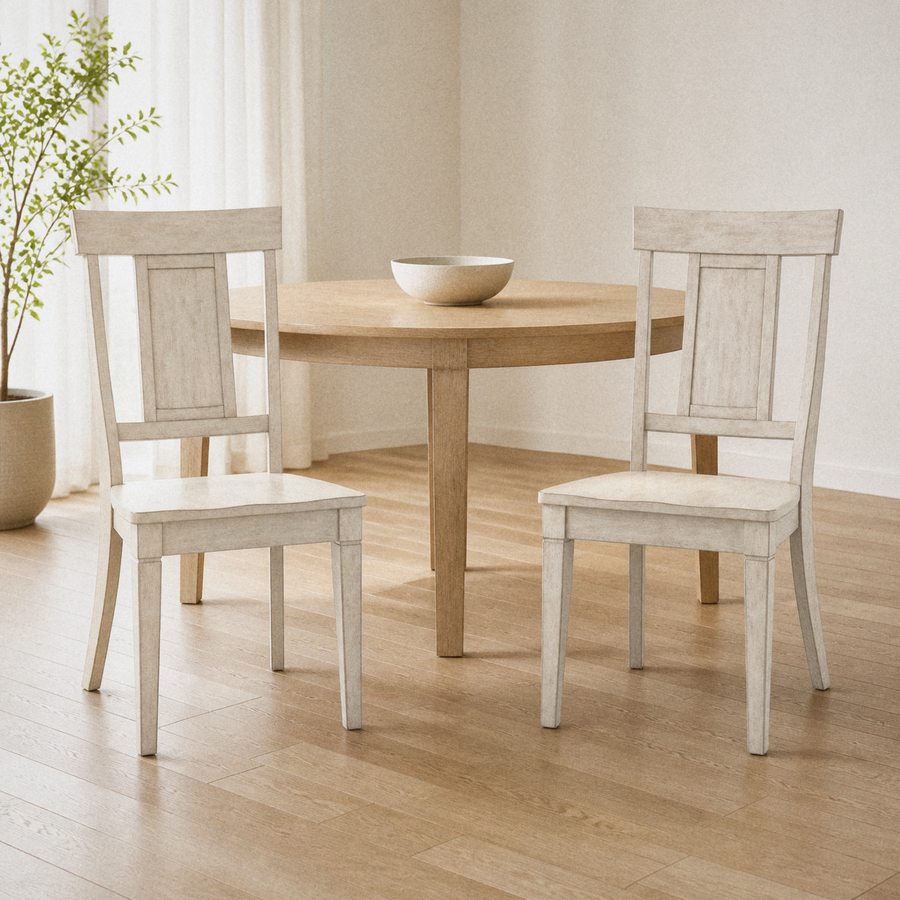In a room | the set of 2 in a warm oak dining room, soft morning sidelight from the left window