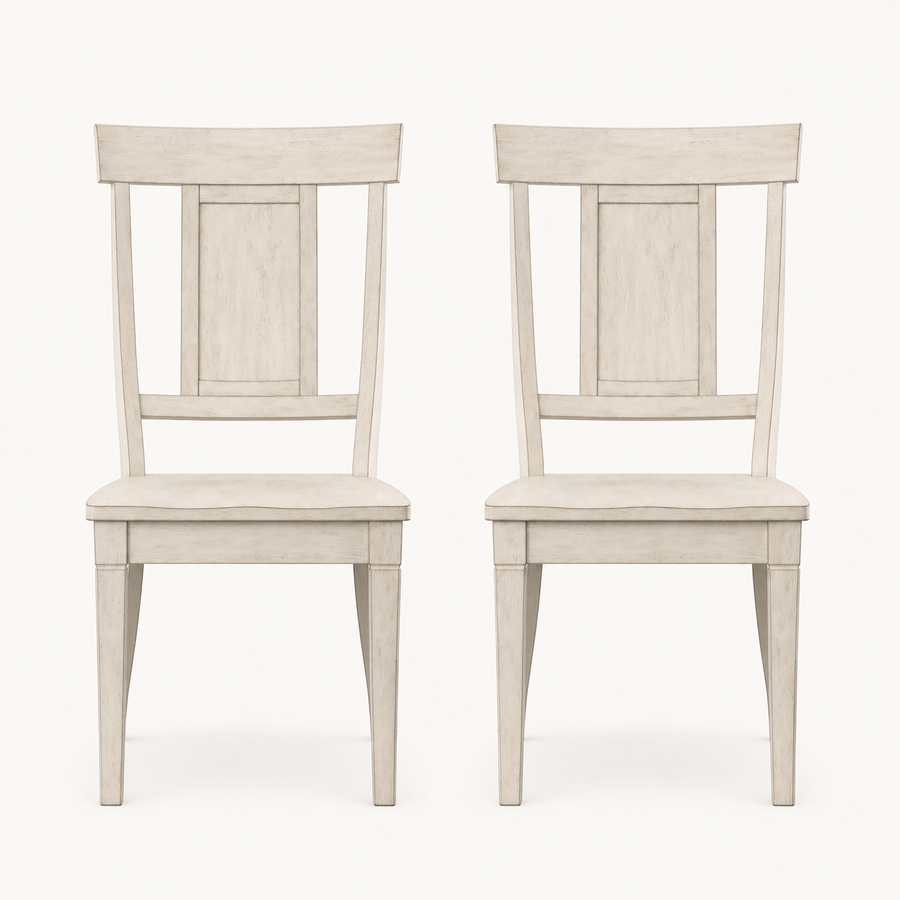 Front | both Antique White slat-back side chairs centered on paper, front elevation showing the slat back and natural wood grain finish