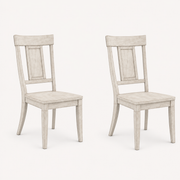 Studio | both chairs at a true three-quarter angle, seat depth and the slat back both reading