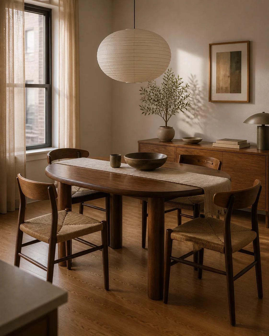 Walnut dining table and woven chairs beside a sunny window