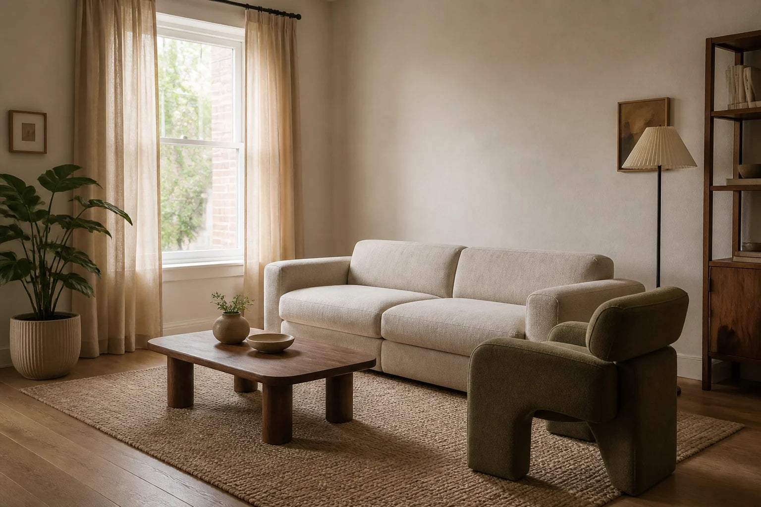 Warm living room with an oatmeal sofa and walnut table