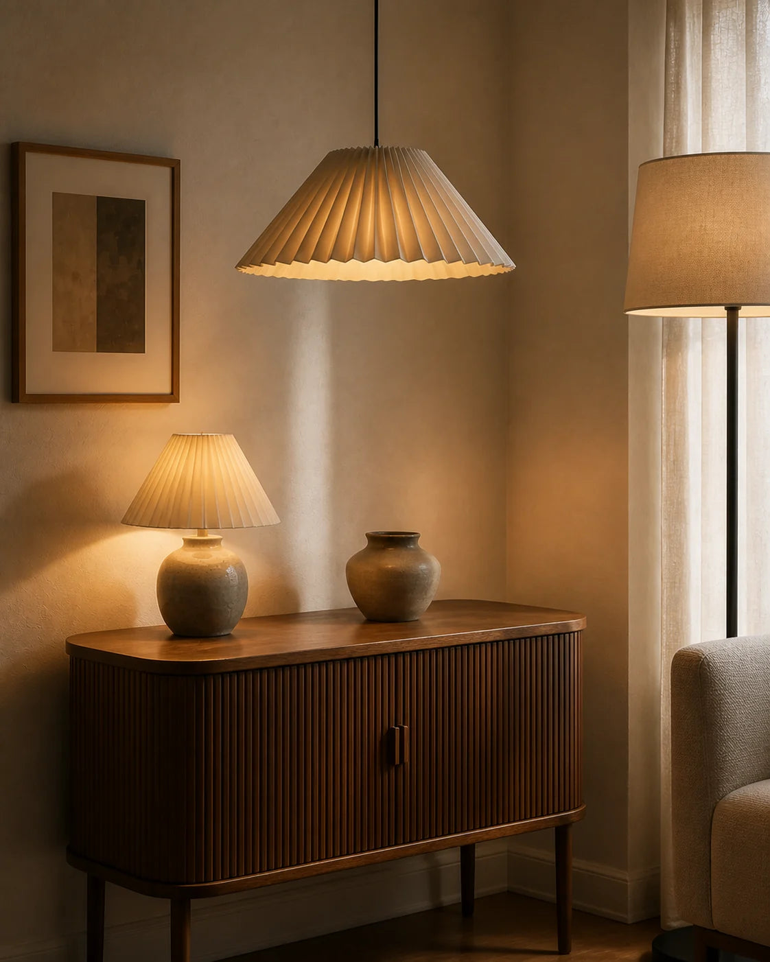 Paper, linen and ceramic lamps glowing in a warm interior
