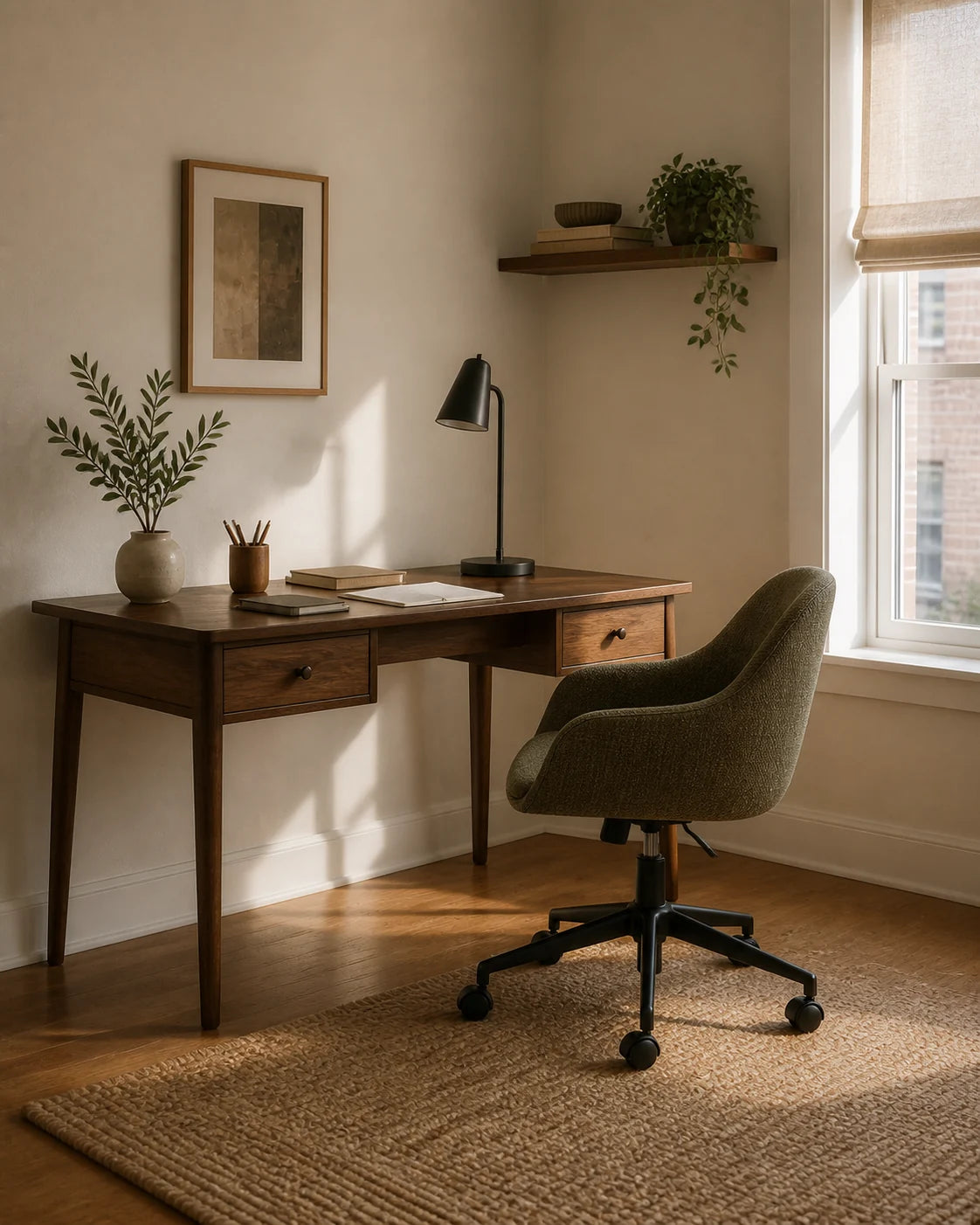 Walnut writing desk and brown task chair in a bright home office