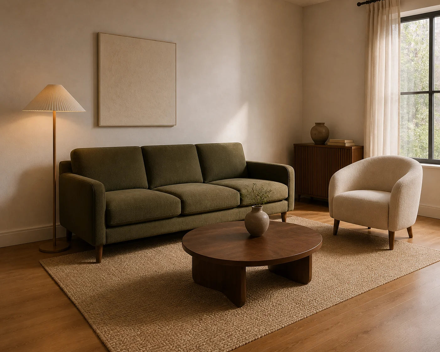 Warm living room with sofa, chair and rounded walnut table
