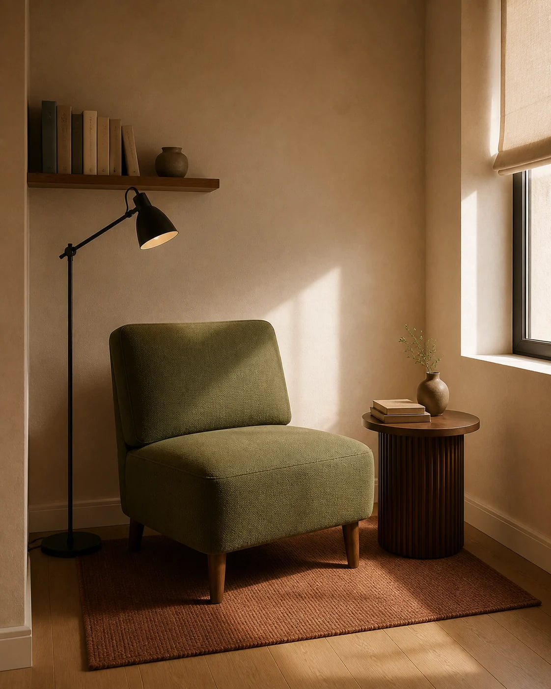Compact reading corner with a lounge chair and walnut table