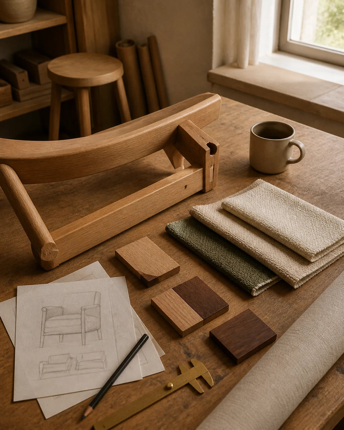 Furniture workshop with timber samples and upholstery swatches
