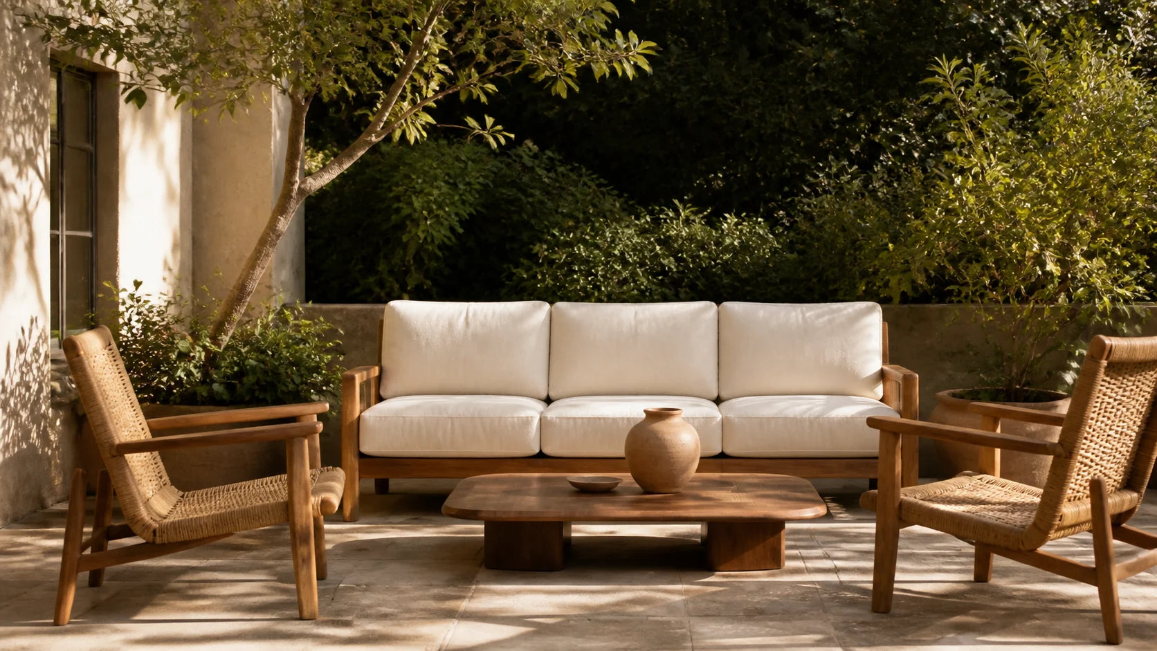 Teak outdoor sofa and woven chairs on a leafy townhouse terrace