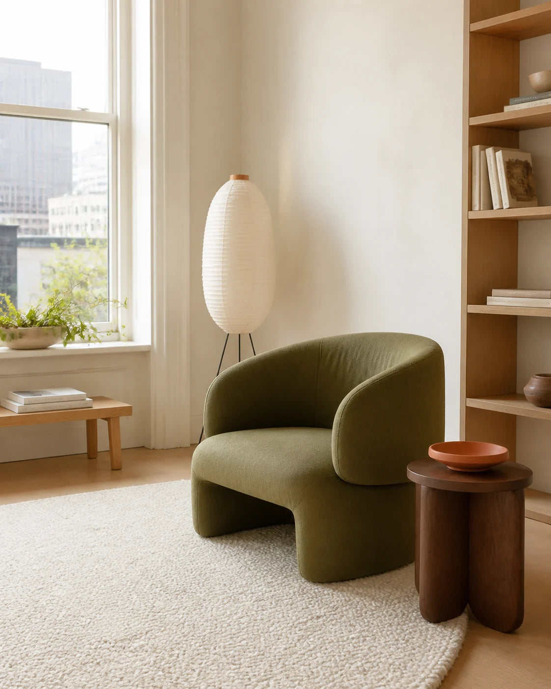 Muted olive lounge chair, walnut table and ivory paper lamp in a bright reading corner