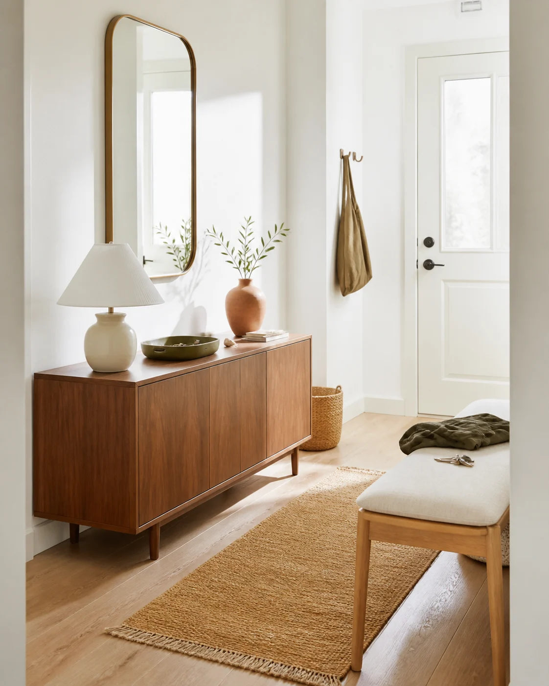 Walnut entry cabinet, cream lamp and olive tray in clear daylight