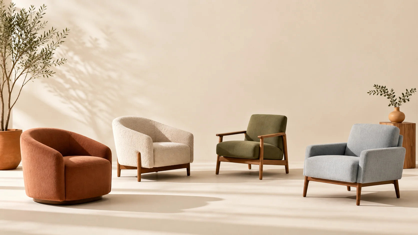 Ivory and muted olive lounge chairs with Deep Espresso wood in a warm studio setting
