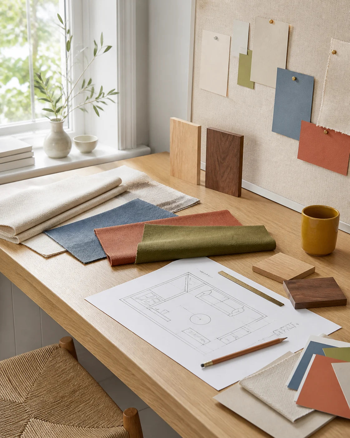 Light oak worktable with cream, blue, terracotta and olive material samples