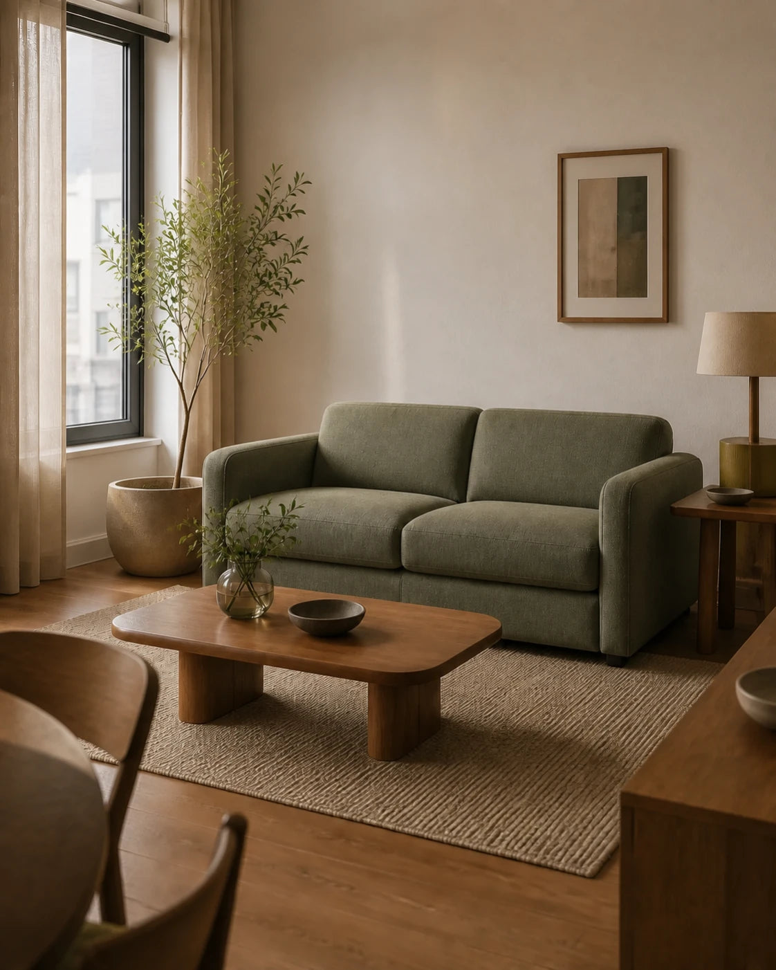 Muted olive sofa and walnut table in a warm apartment living room