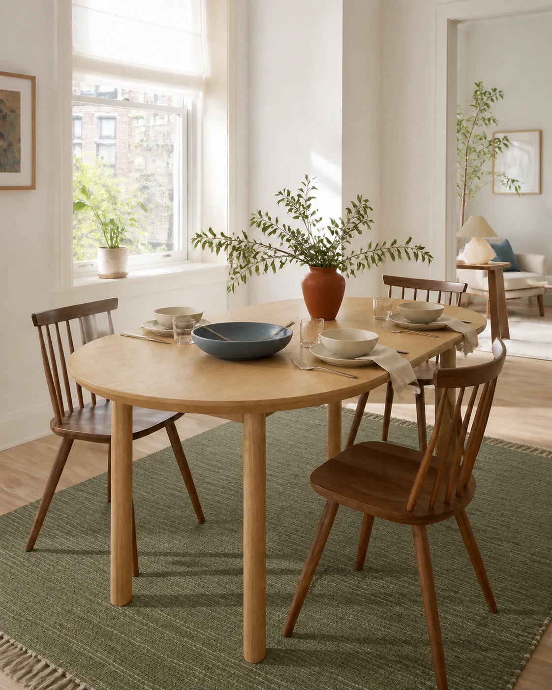 Light oak dining table, walnut chairs and muted olive rug in a bright apartment