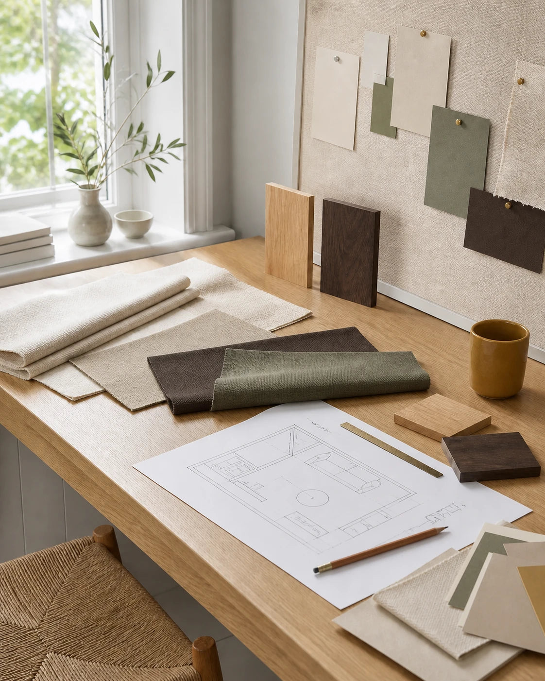 Light oak worktable with ivory, putty, Deep Espresso and muted olive material samples