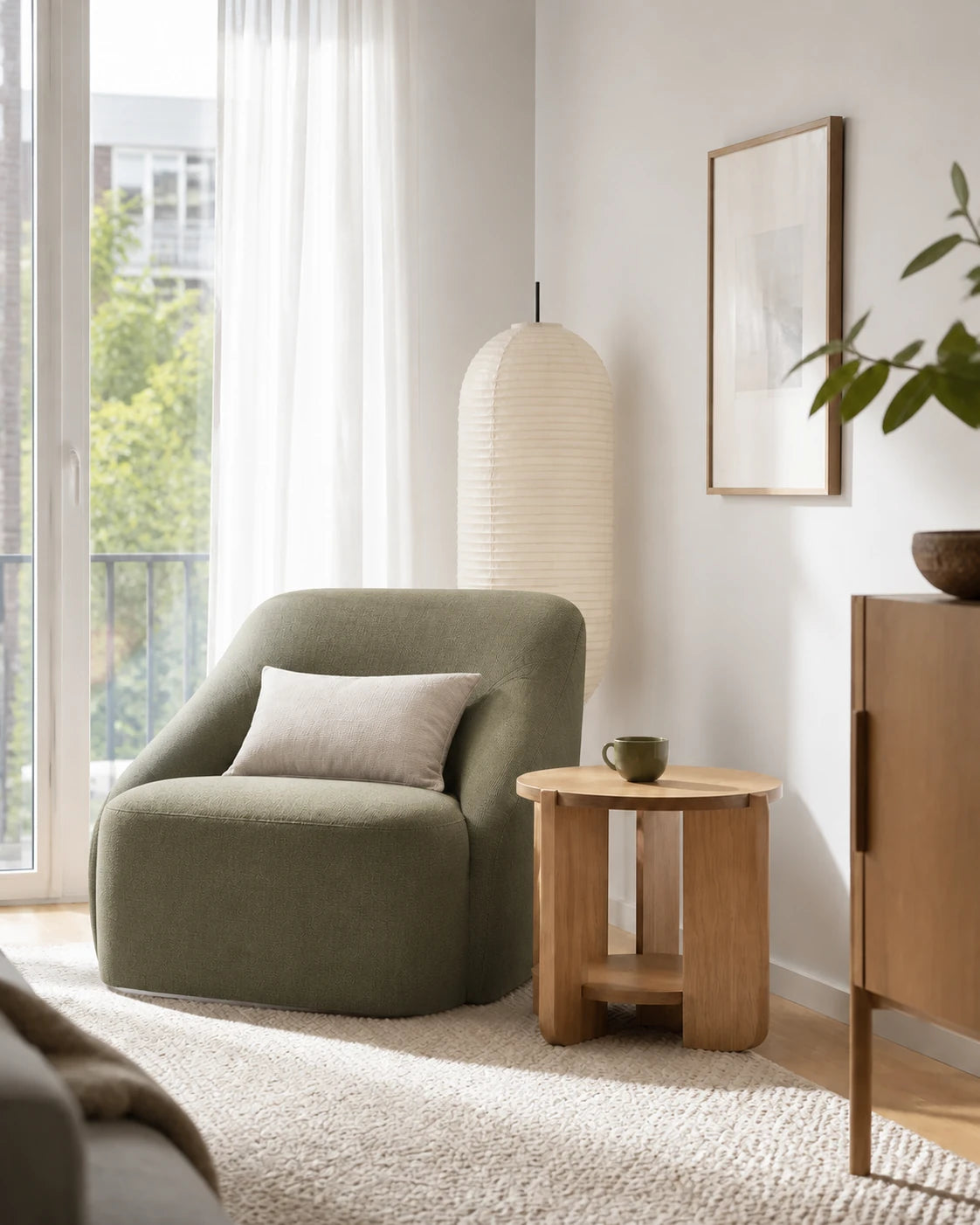 Muted olive lounge chair, putty cushion and light oak table in clear daylight