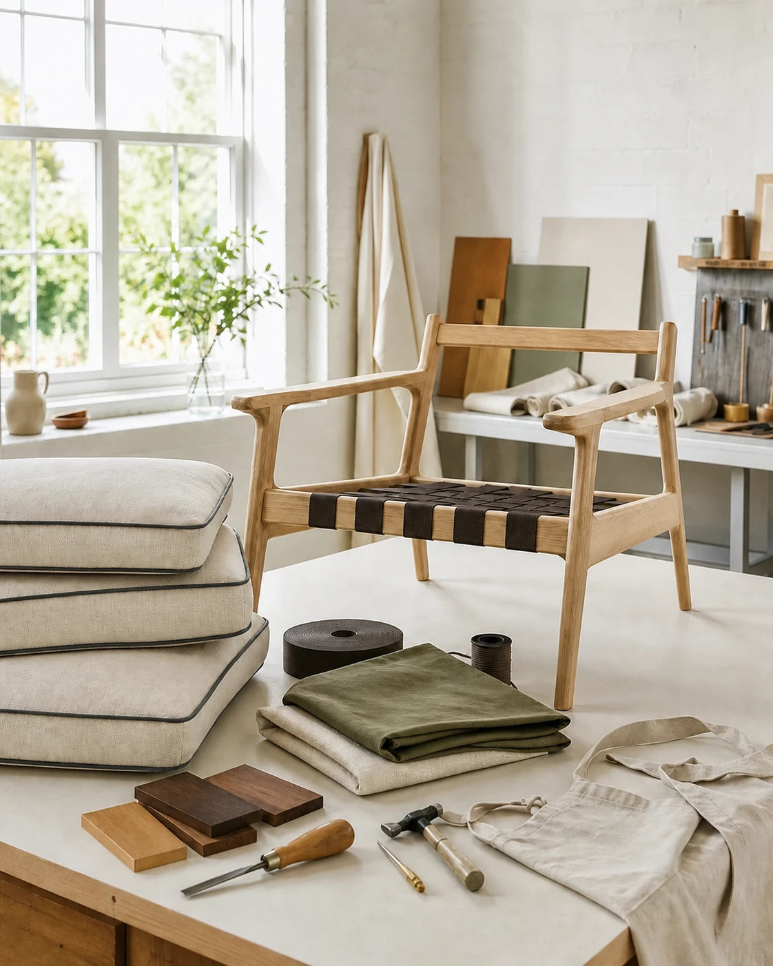 Light oak chair frame with Deep Espresso webbing and muted olive fabric in a bright workshop
